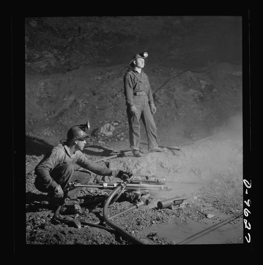 Production. Zinc. Blast hole drillers at a zinc mine of the Eagle-Picher Company near Cardin, Oklahoma, from which come…