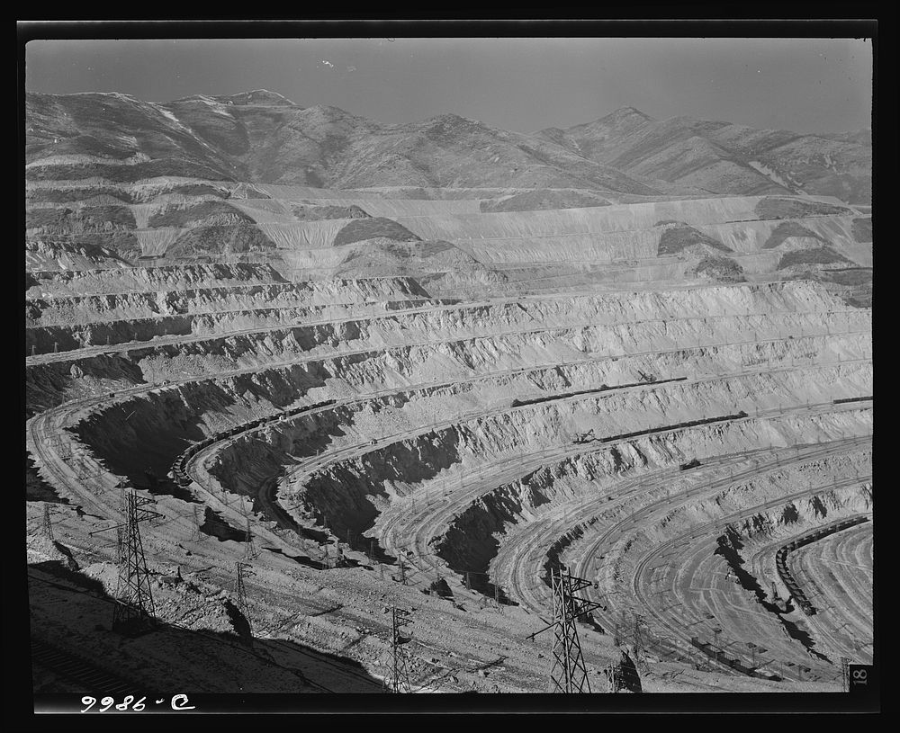 Utah Copper: Bingham Mine. Open-pit mining operations of Utah Copper Company, at Bingham Canyon, Utah. Sourced from the…