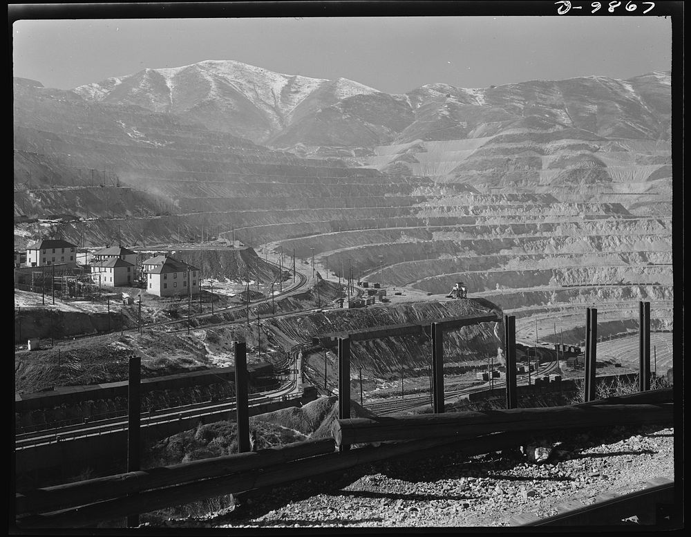 Utah Copper: Bingham Mine. Open-pit mining operations of Utah Copper Company, at Bingham Canyon, Utah. Looking down on a…