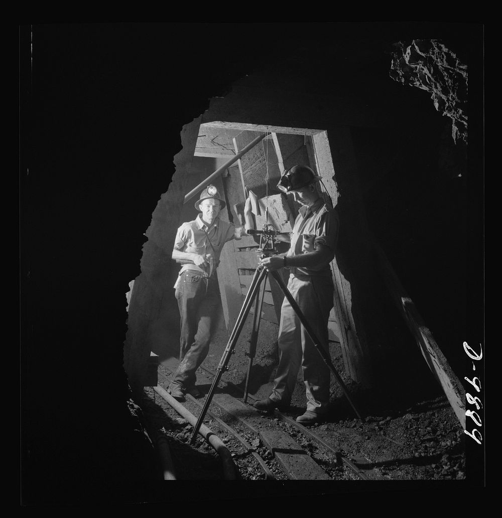 Production. Mercury. Surveying crew running lines in a mercury mine of the New Idria, California Quicksilver Mining Company.…