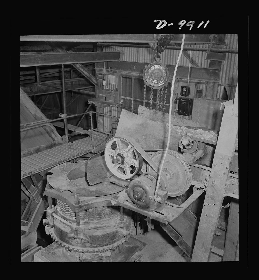 Production. Tungsten. Crushing tungsten ore in a concentrating plant near Kingman, Arizona. The Boriana mine and plant at…
