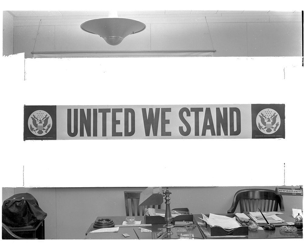 United we stand. Streamer prepared by the Office of Emergency Management (OEM) for use in defense plants throughout the…