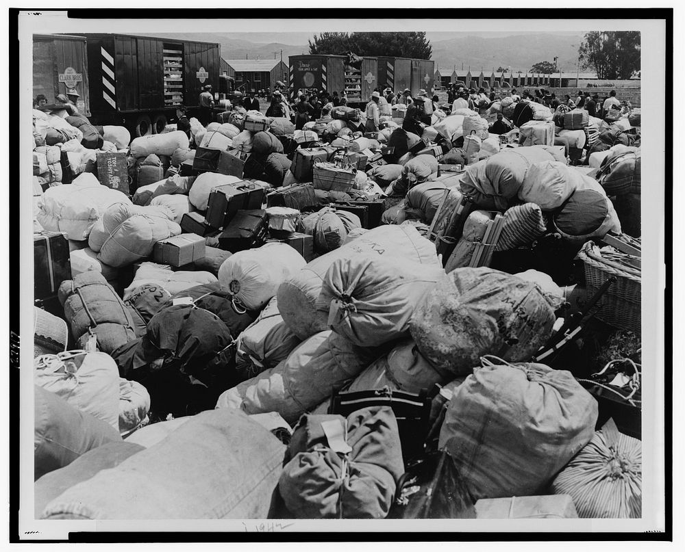 Japanese relocation, California. Baggage belonging to evacuees of Japanese ancestry at an assembly center in Salinas…