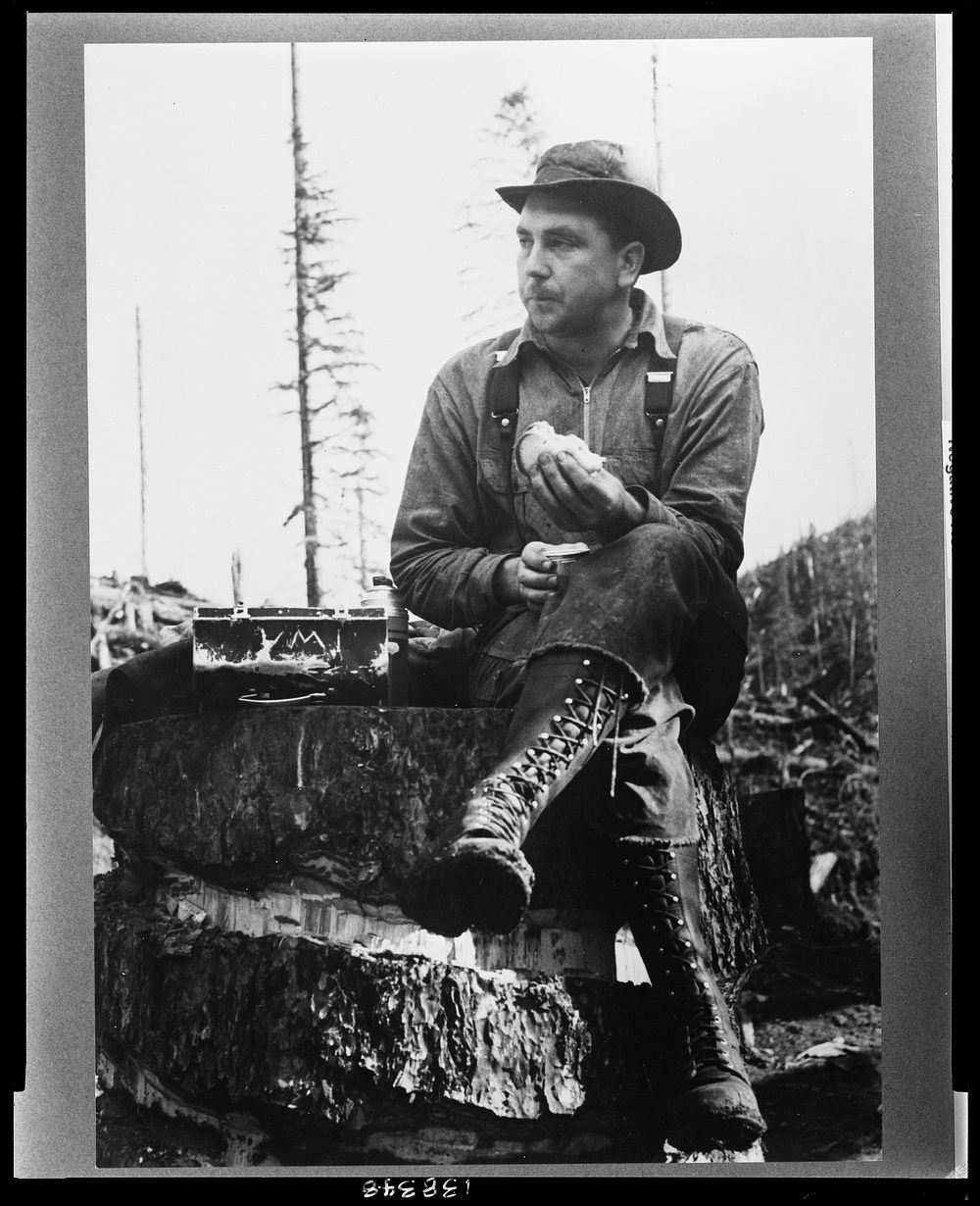 Lumberjack eats lunch, Long Bell Lumber Company, Cowlitz County, Washington by Russell Lee