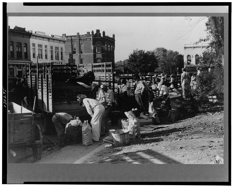 Selling apples on main street on Saturday afternoon, Lexington, Mississippi Delta, Mississippi. Sourced from the Library of…