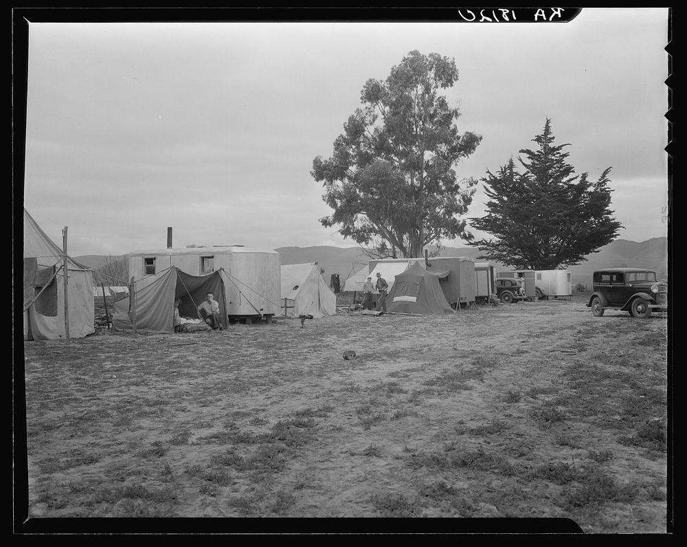 String of five housecars. This group represents good conditions among pea pickers. California. Sourced from the Library of…