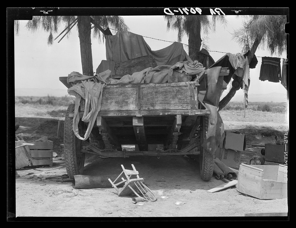 Stranded in southern California. Belongings of Oklahoma drought refugees camped alongside the road. Sourced from the Library…