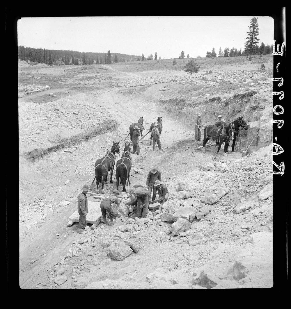 Widtsoe land use adjustment project. Garfield County, Utah. Excavating new spillway of Tropic Dam. Sourced from the Library…