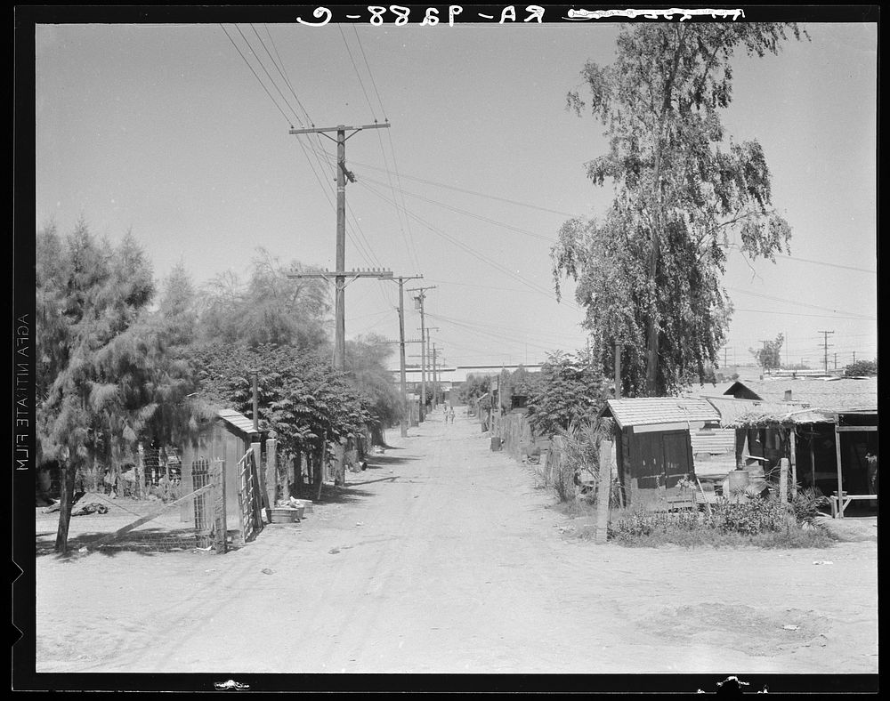 Slums of Brawley. Mexican field workers' homes. Imperial Valley, California. Sourced from the Library of Congress.
