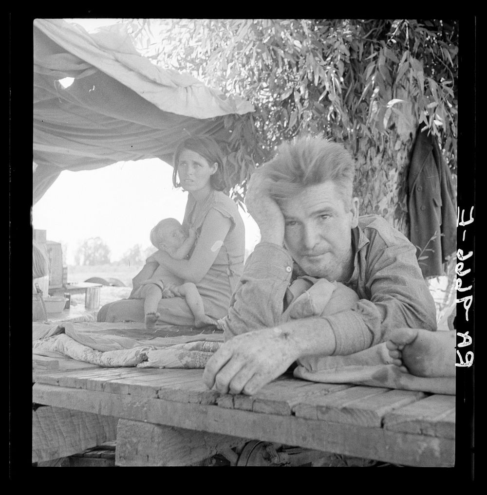 Drought refugees from Oklahoma camping by the roadside. They hope to work in the cotton fields. There are seven in family.…