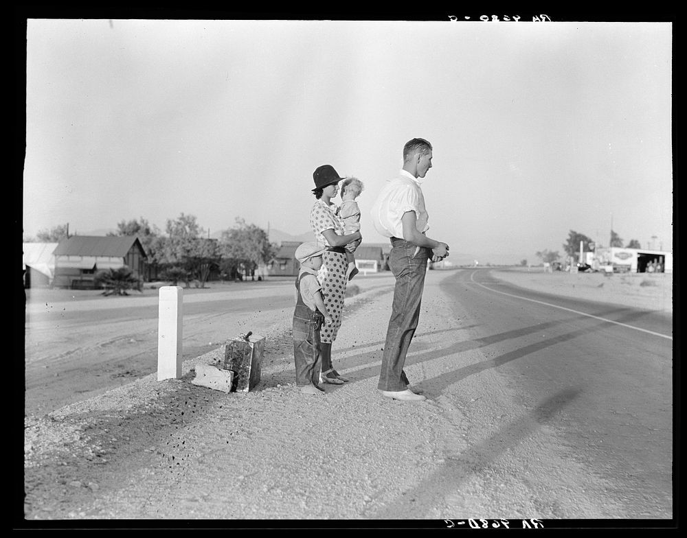 Example of self-resettlement in California. Oklahoma farm family on highway between Blythe and Indio. Forced by the drought…