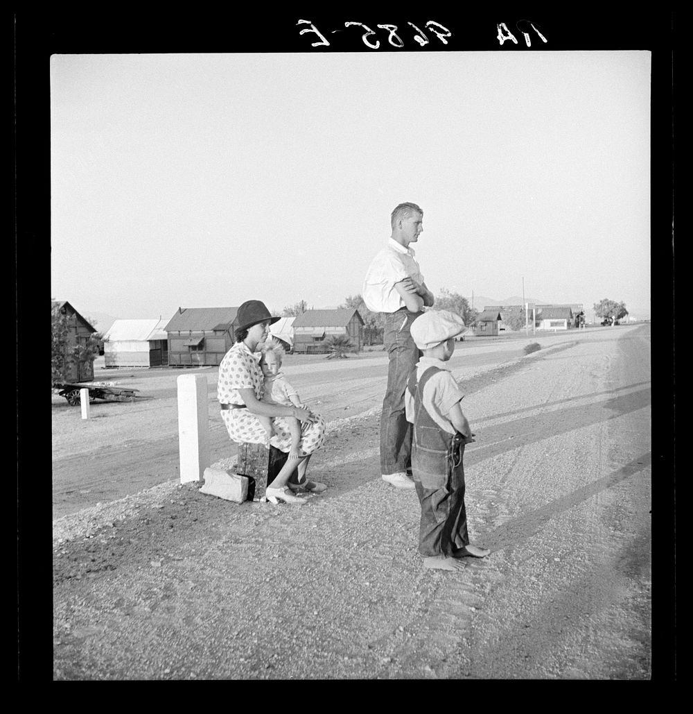 Example of self-resettlement in California. Oklahoma farm family on highway between Blythe and Indio. Sourced from the…