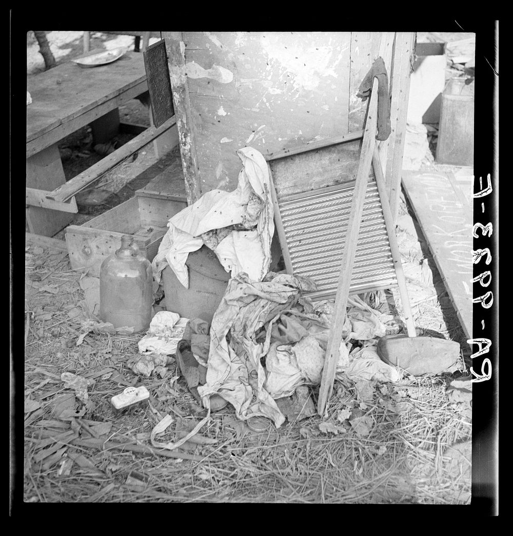 Dirty clothes and flies. American River camp, near Sacramento, California. Sourced from the Library of Congress.