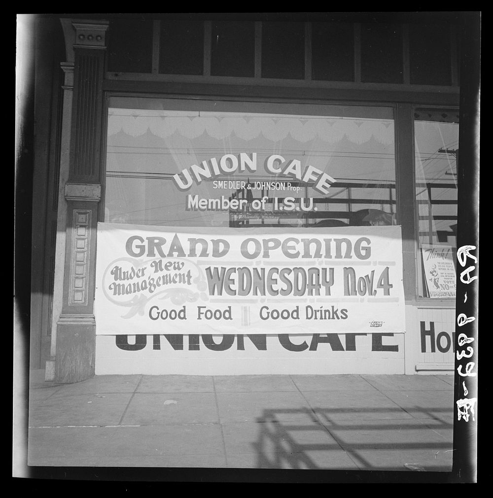 Opening of union cafe. Oakland, California. Photograph made day after 1936 Presidential election. Sourced from the Library…