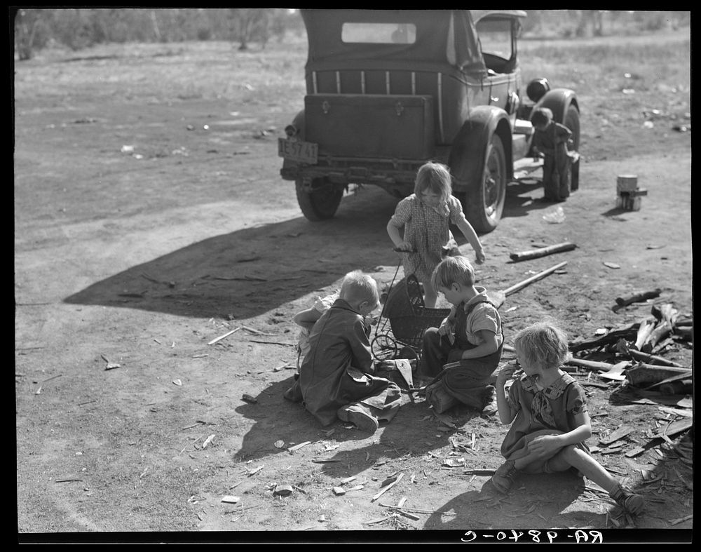 Children of migrant Oklahoma family, now living near Fresno, California, picking cotton by Dorothea Lange