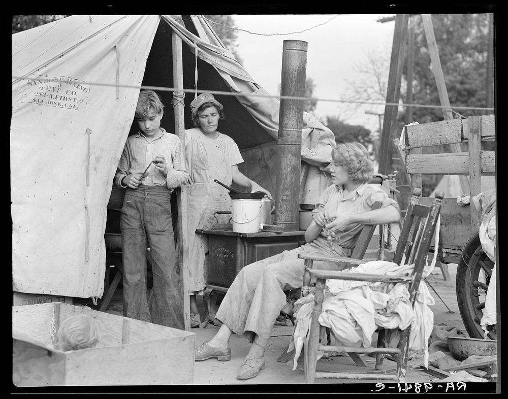 Drought refugees from Texas encamped in California near Exeter. Seven in family. Sourced from the Library of Congress.