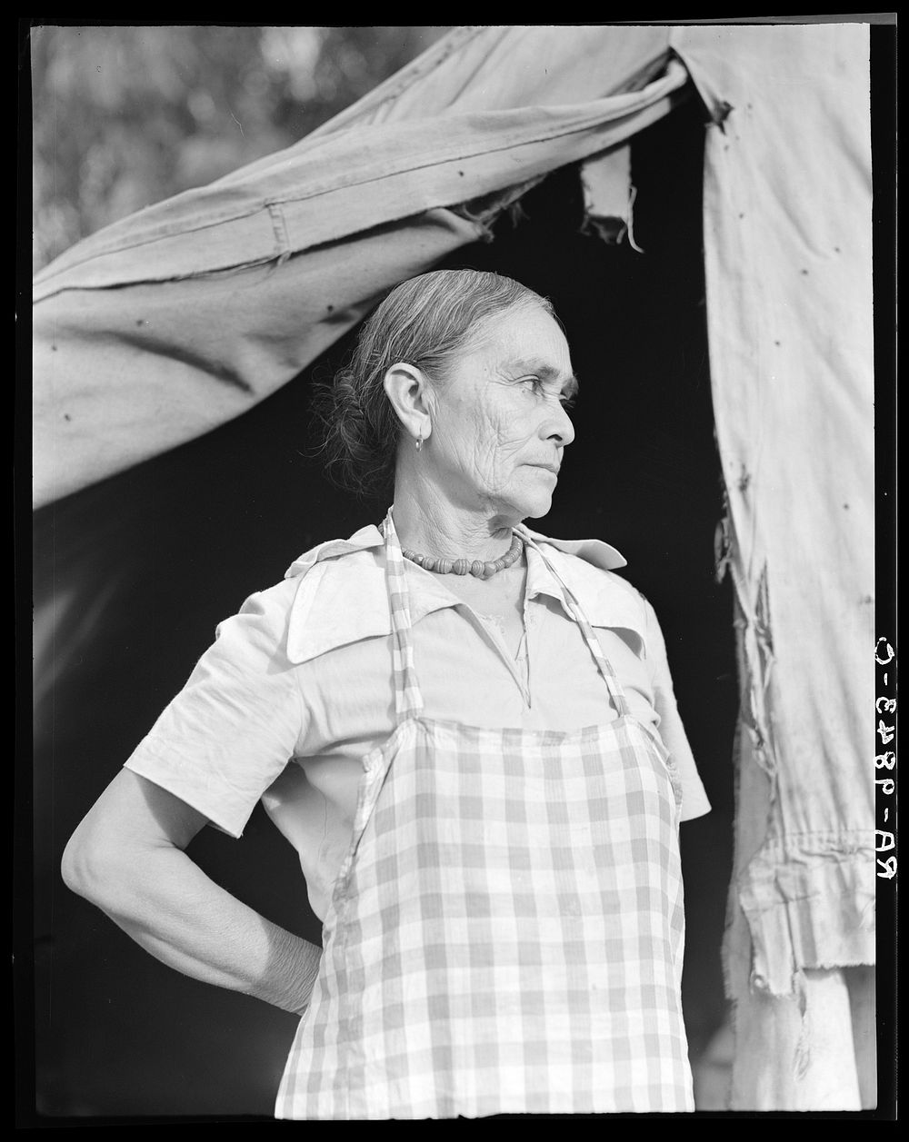 Migratory woman, Greek, living in a cotton camp near Exeter, California. Sourced from the Library of Congress.
