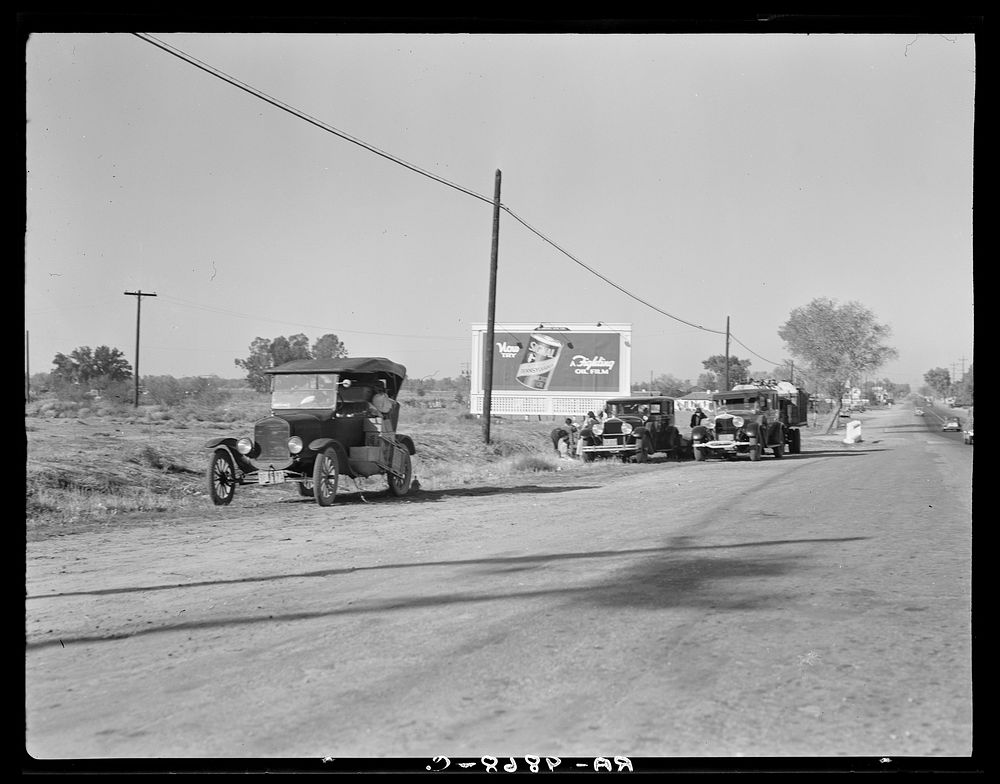 Three carloads of Mexicans headed for the Imperial Valley to harvest peas. Near Bakersfield, California. Sourced from the…