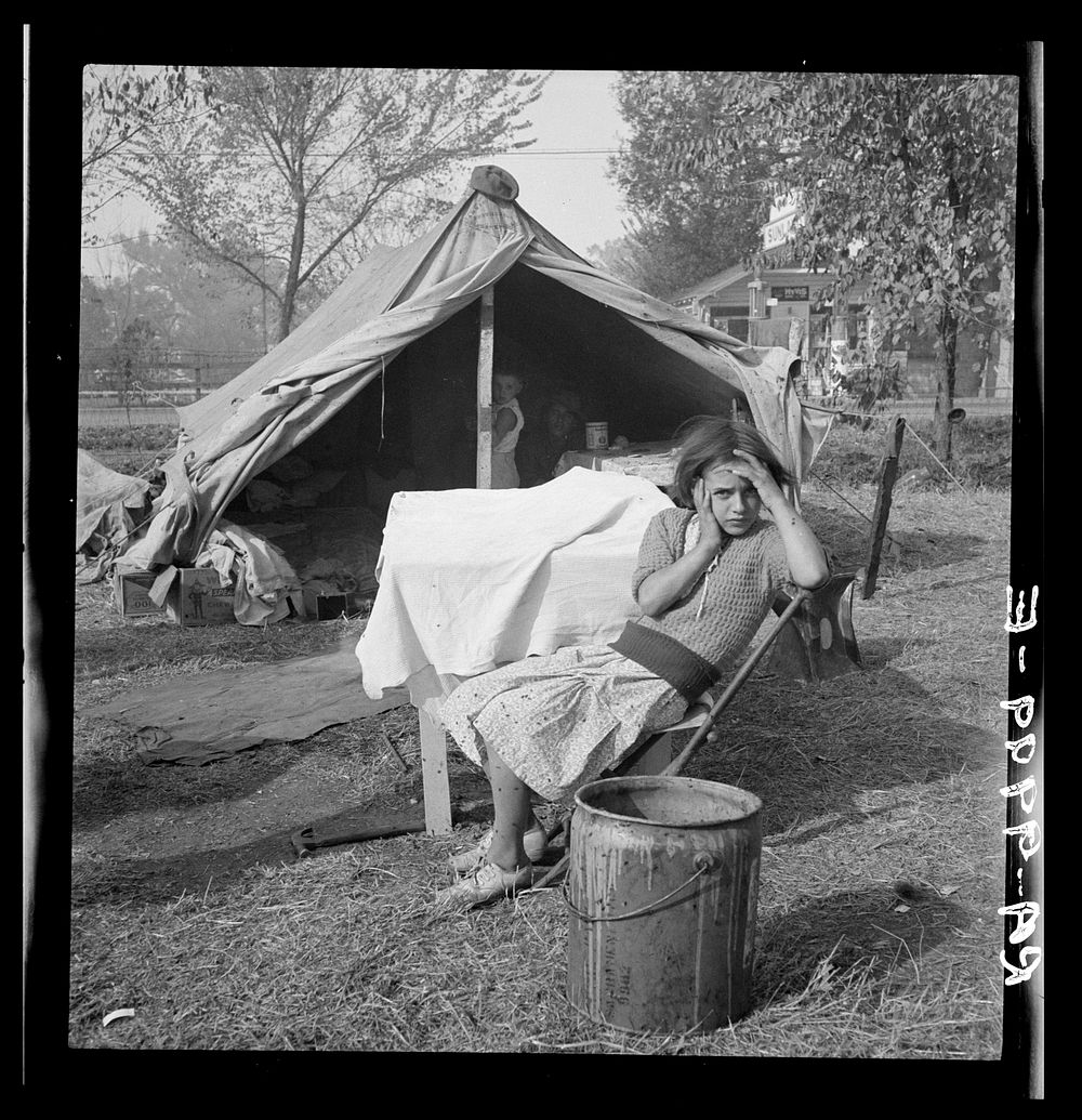 Children and home of migratory cotton workers. Migratory camp, southern San Joaquin Valley, California. Sourced from the…