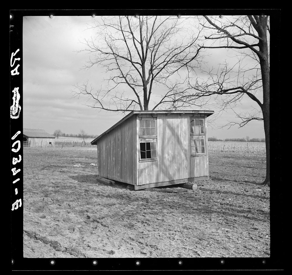 This brooder house belonged to Everett Shoemaker tenant farmer, and had to be moved when he changed farms. Near Shadeland…