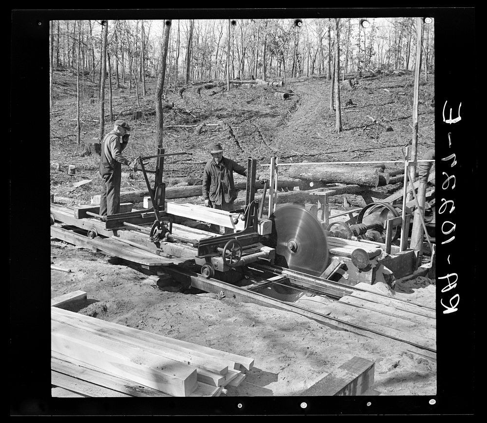 Cutting timber into boards at the country sawmill near Omaha, Illinois by Russell Lee