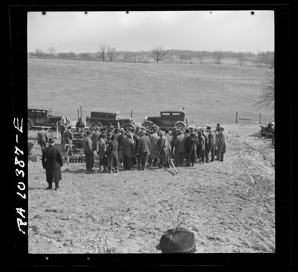 Farmers at the closing-out sale of Frank Sheroan, tenant farmer. Near Montmorenci, Indiana by Russell Lee
