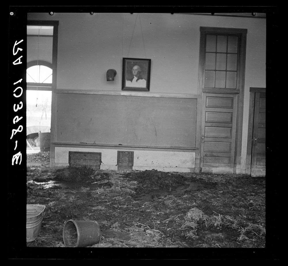 Schoolhouse in Posey County, Indiana, which was used as a stable during the 1937 flood by Russell Lee