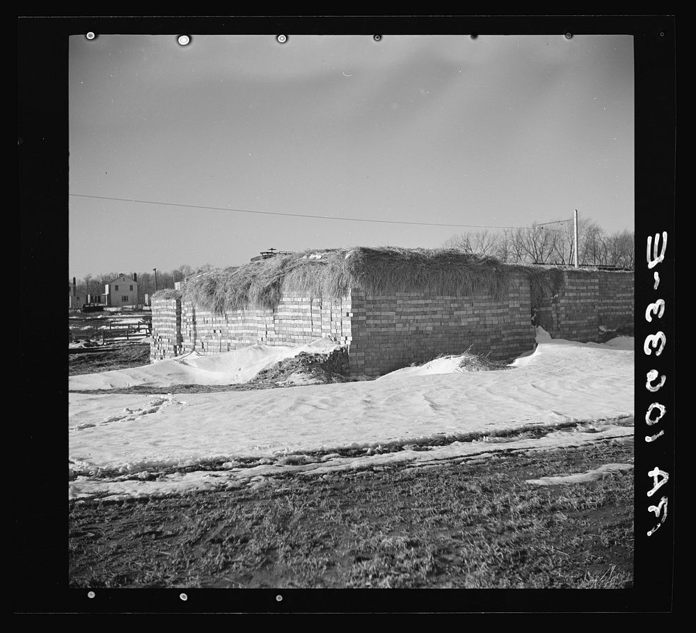 Piles of brick covered with straw on the Greendale project. Wisconsin by Russell Lee
