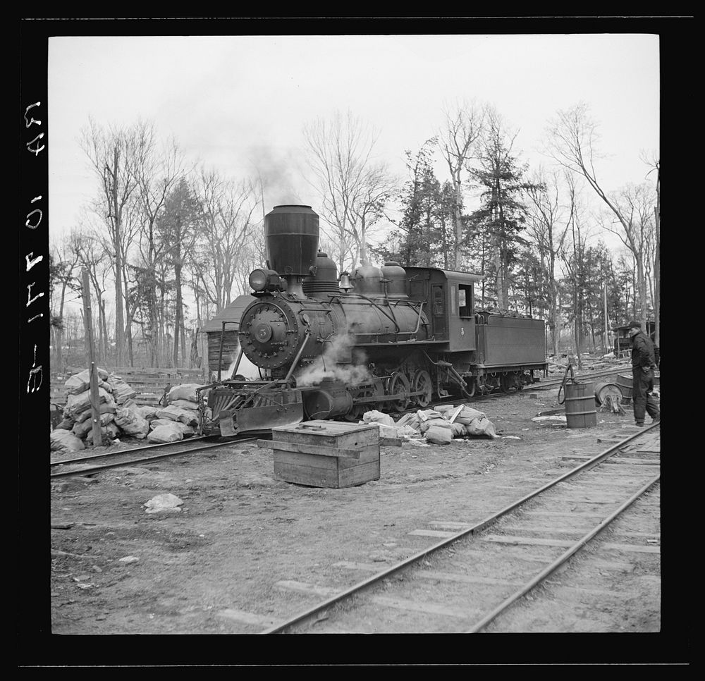 Lumber camp locomotive. Forest County, Wisconsin. Note special smokestack to catch sparks by Russell Lee