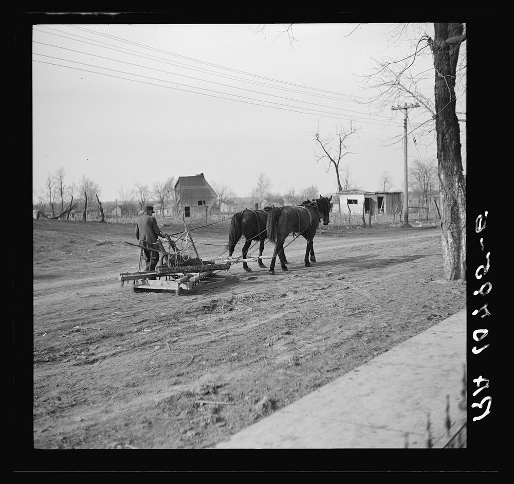 Horse-drawn mud sled. Shawneetown, Illinois by Russell Lee
