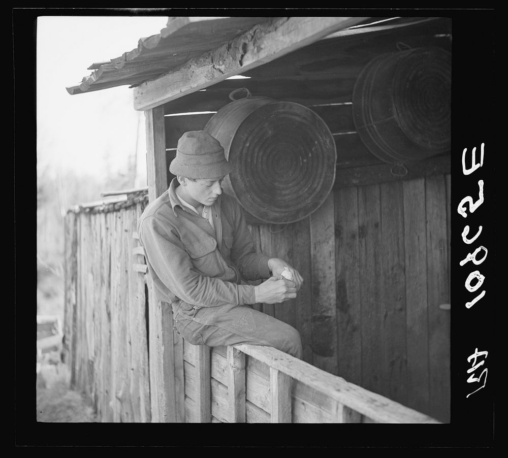 Son of William Shanard, cut-over farmer, near Silk Lake, Michigan, rolling a cigarette by Russell Lee