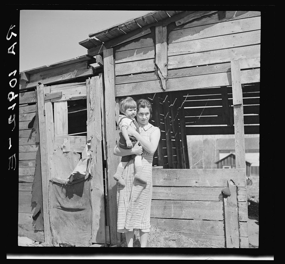 Mother and child in front of woodshed. Gibbs City, Michigan by Russell Lee