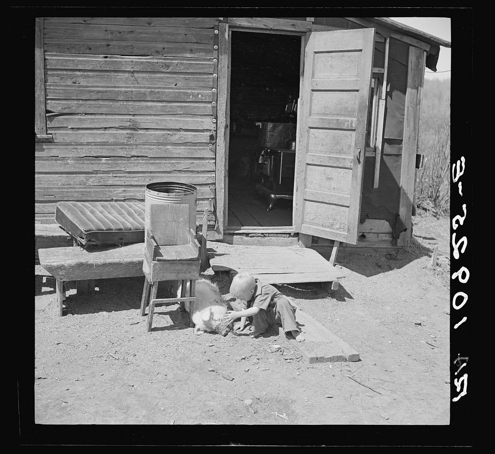 One of the Mathews children playing with a pig. Gibbs City, Michigan by Russell Lee