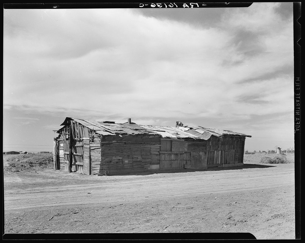 Housing typical of that afforded Mexican field workers of the Imperial Valley. These people are not migrants, but live on…