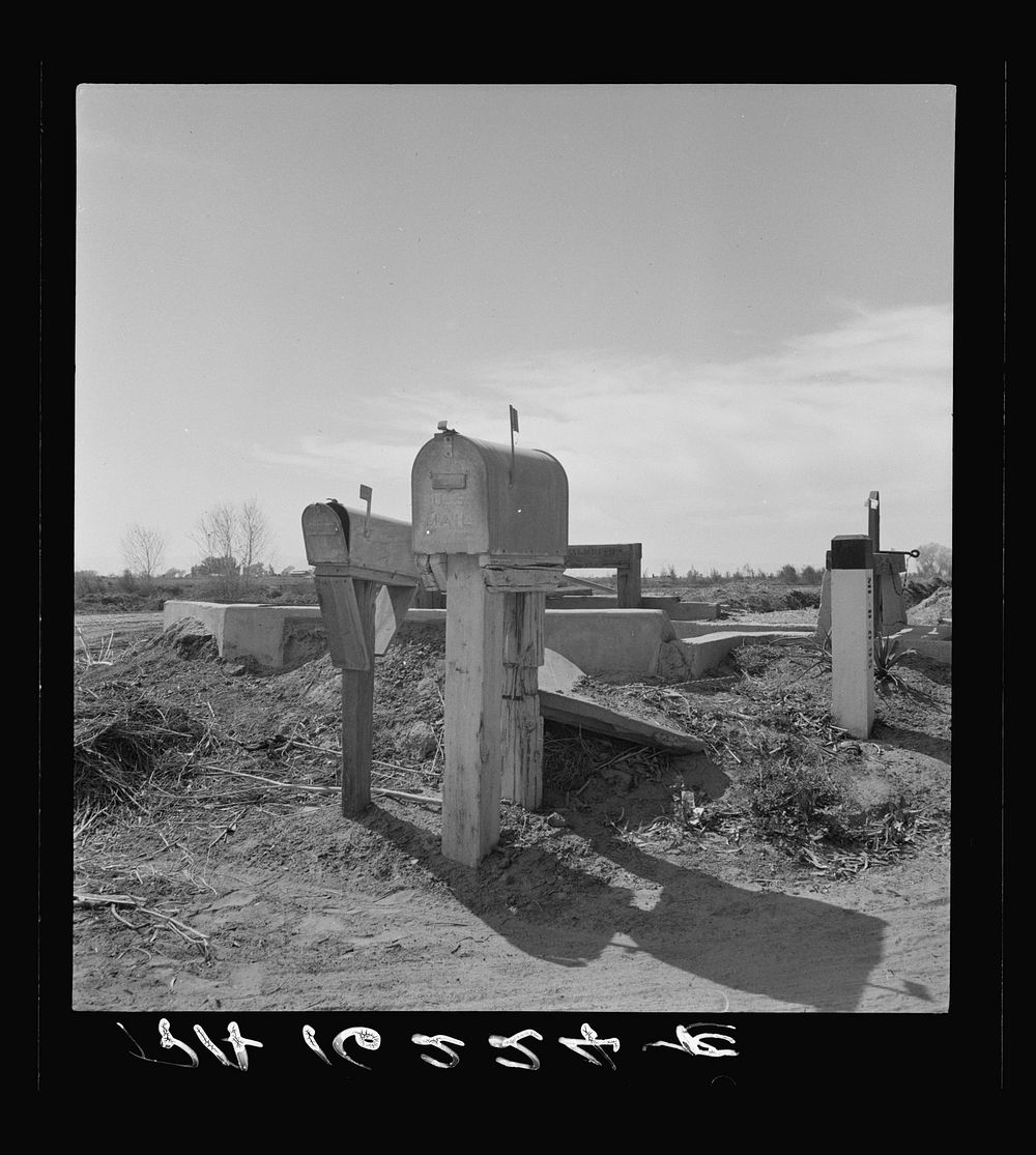 Mail boxes and irrigation gates. Imperial Valley, California. Sourced from the Library of Congress.