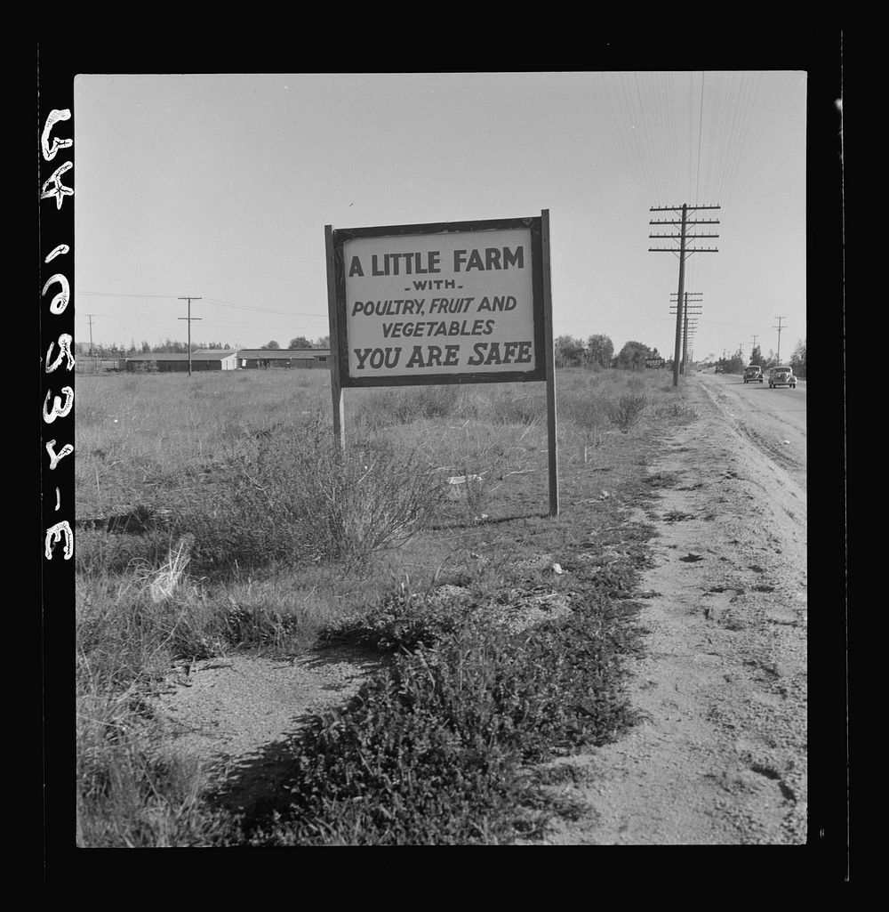 Real estate sign along the highway on which hundreds of drought refugees and migrant workers travel. Riverside County…