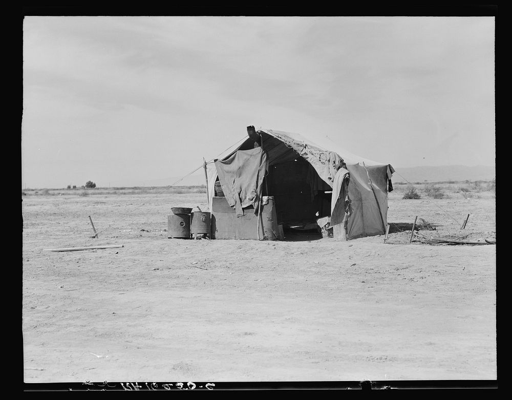 Tent housing a family of four who will be returned to Oklahoma by the Relief Administration. Imperial County, California.…