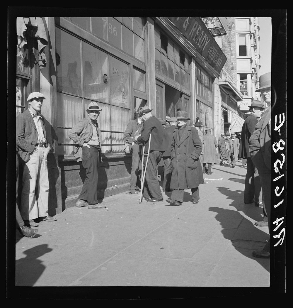 "Skid Row." Howard Street, the street of the unemployed in San Francisco, California. Sourced from the Library of Congress.