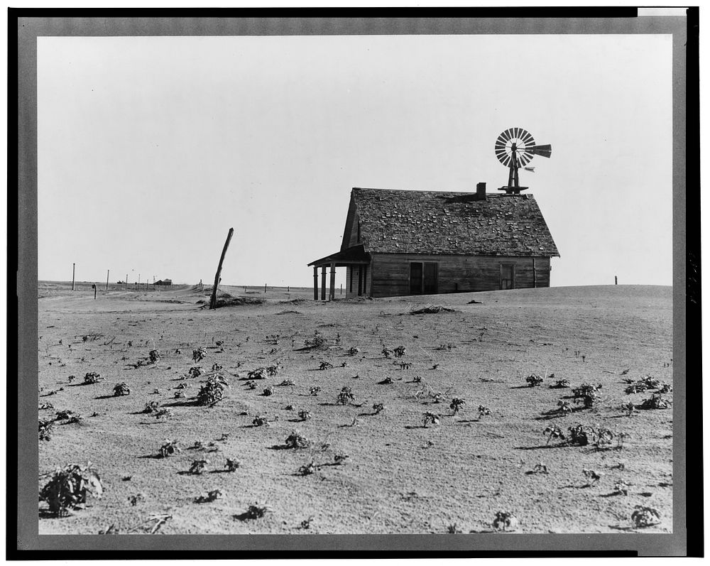 Dust Bowl farm. Coldwater District, north of Dalhart, Texas. This house is occupied; most of the houses in this district…