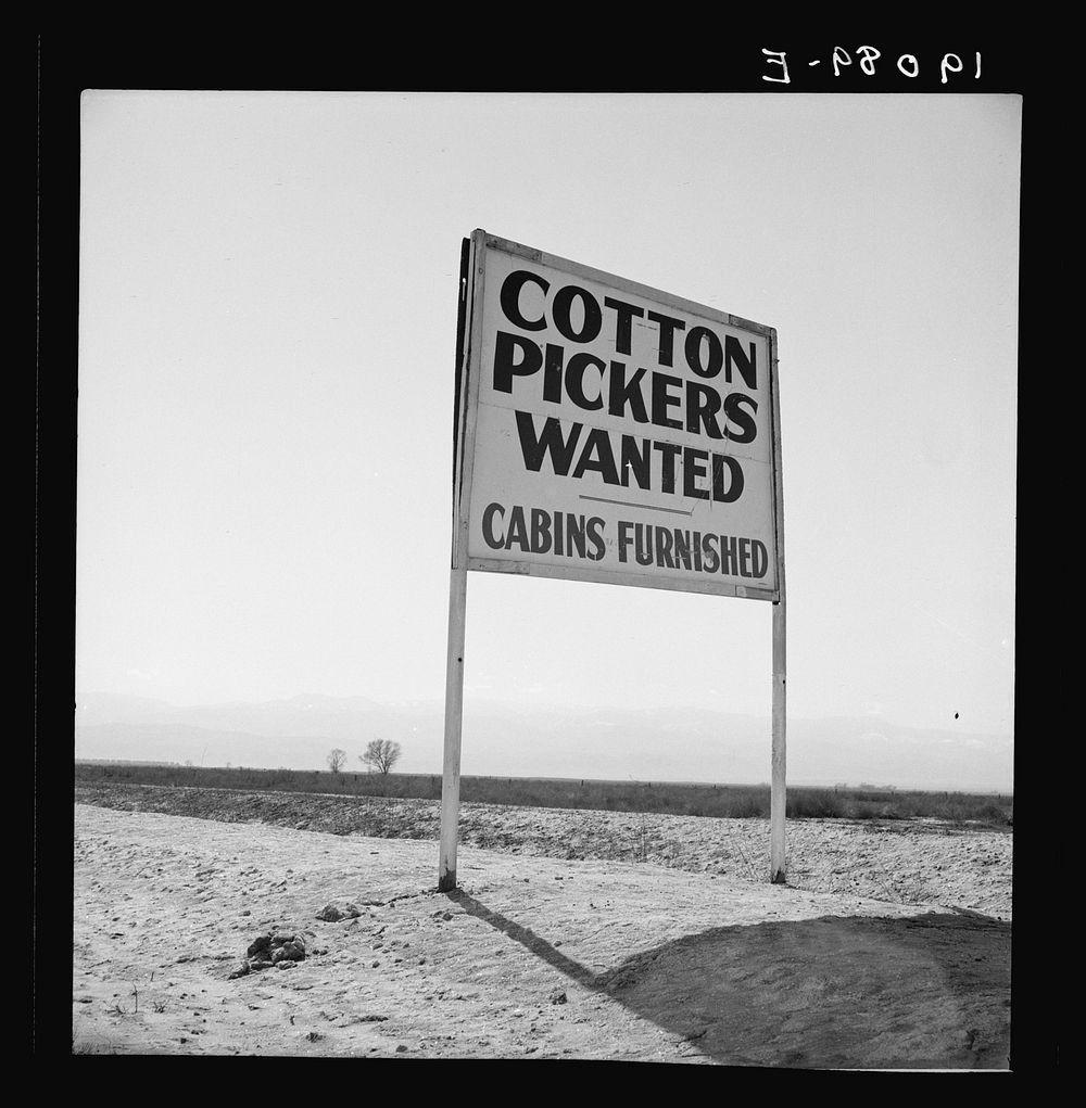 Kern County, California. Sign on U.S. 99 main highway between Los Angeles and San Francisco by Dorothea Lange