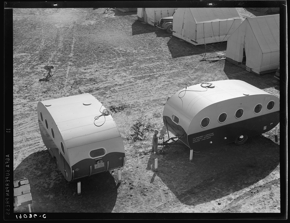 Farm Security Administration (FSA) migrant labor camp. Two trailers, one to be used by camp manager for living quarters and…