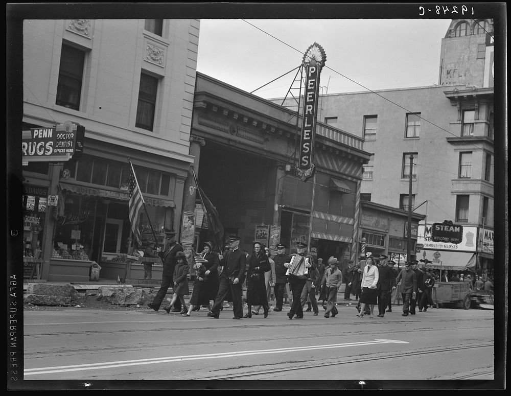 Salvation Army, San Francisco, California. Returning to headquarters; no recruits to audience from street. Sourced from the…