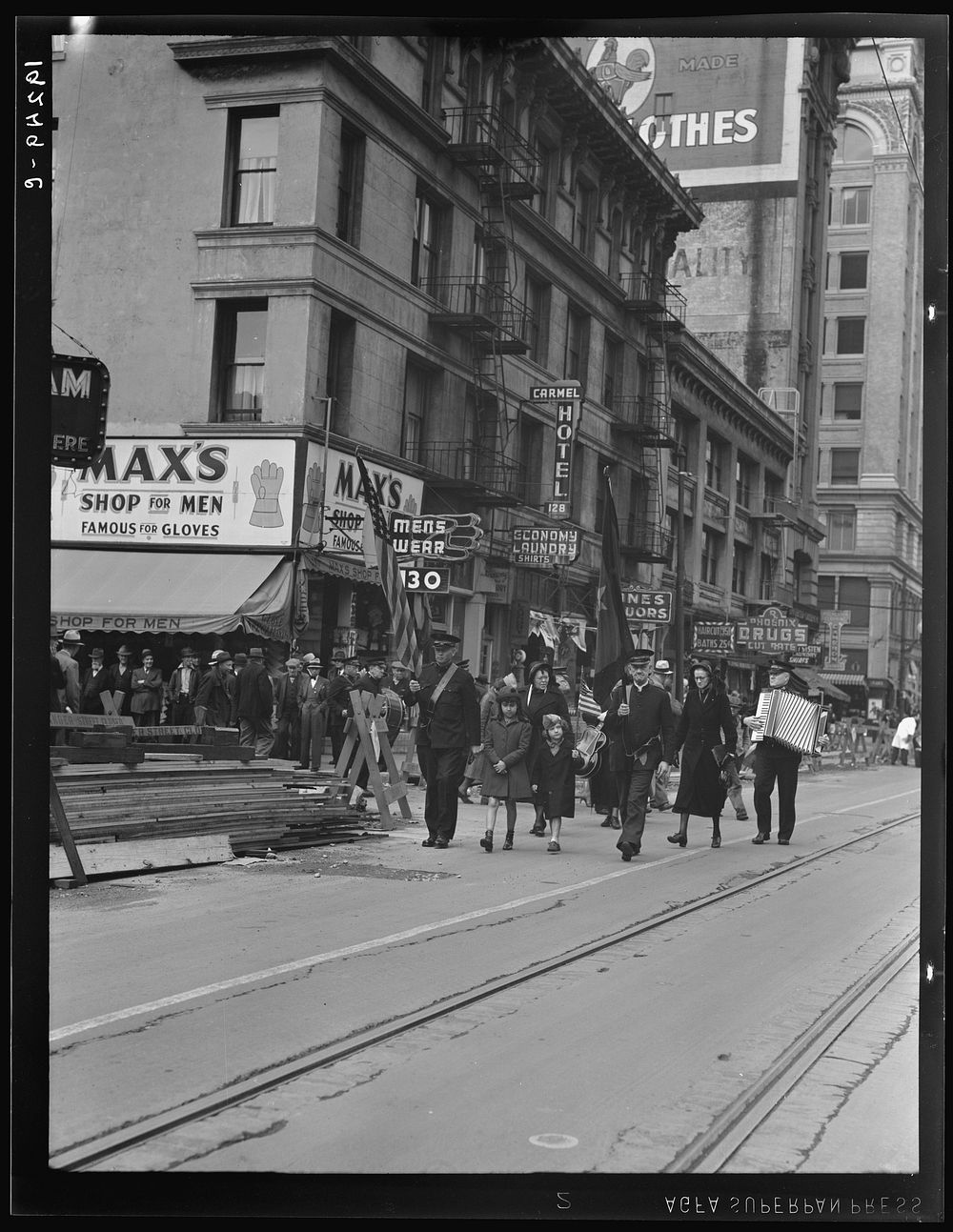 Salvation Army, San Francisco, California. Returning to headquarters. No recruits to audience from street. Sourced from the…