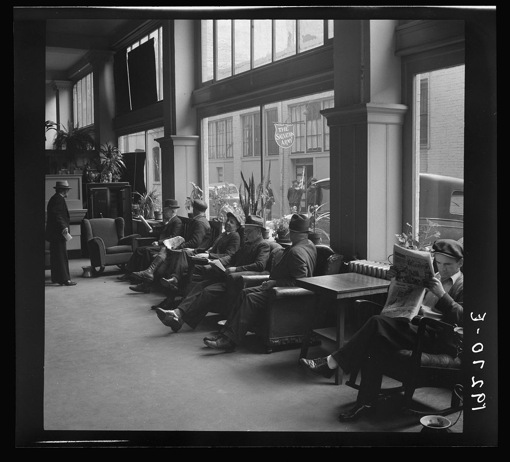 Salvation Army, San Francisco, California. Return of the army seen through the lobby of a low-class hotel. Causes slight…