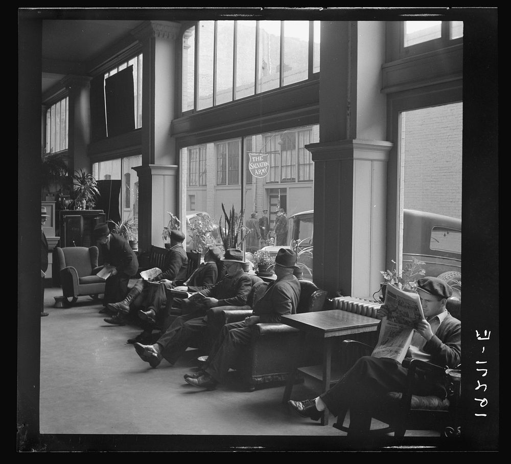 Salvation Army, San Francisco, California. Return of the army seen through the lobby of a low-class hotel. Causes slight…