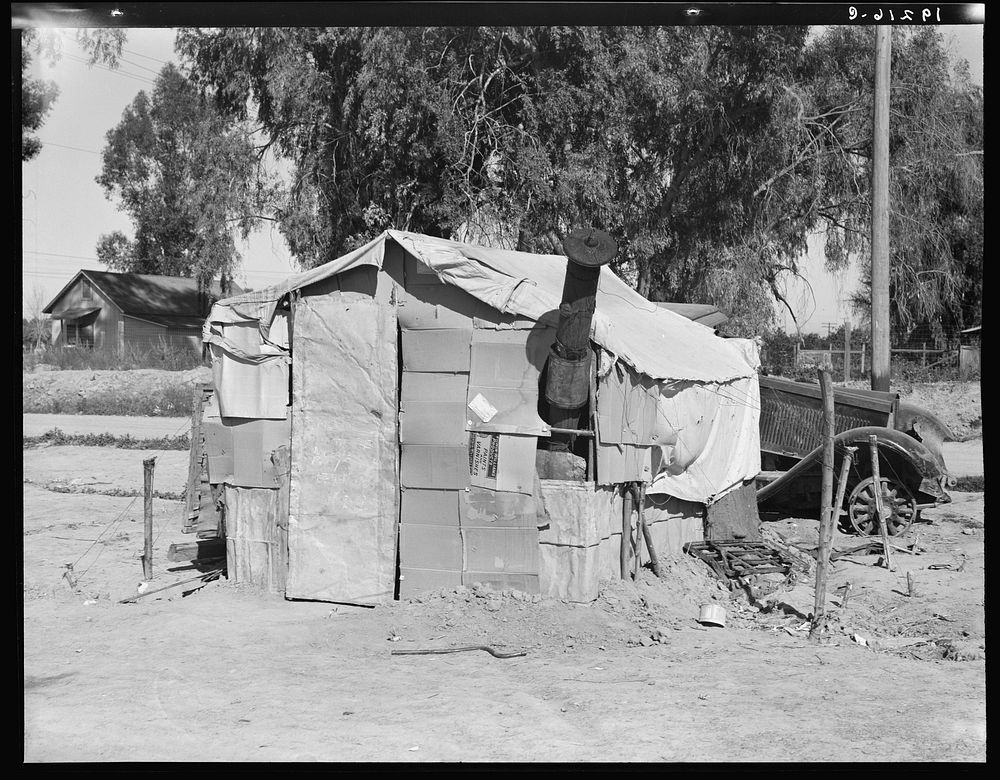 House in camp of carrot pullers. Near Holtville. Imperial Valley, California. Sourced from the Library of Congress.