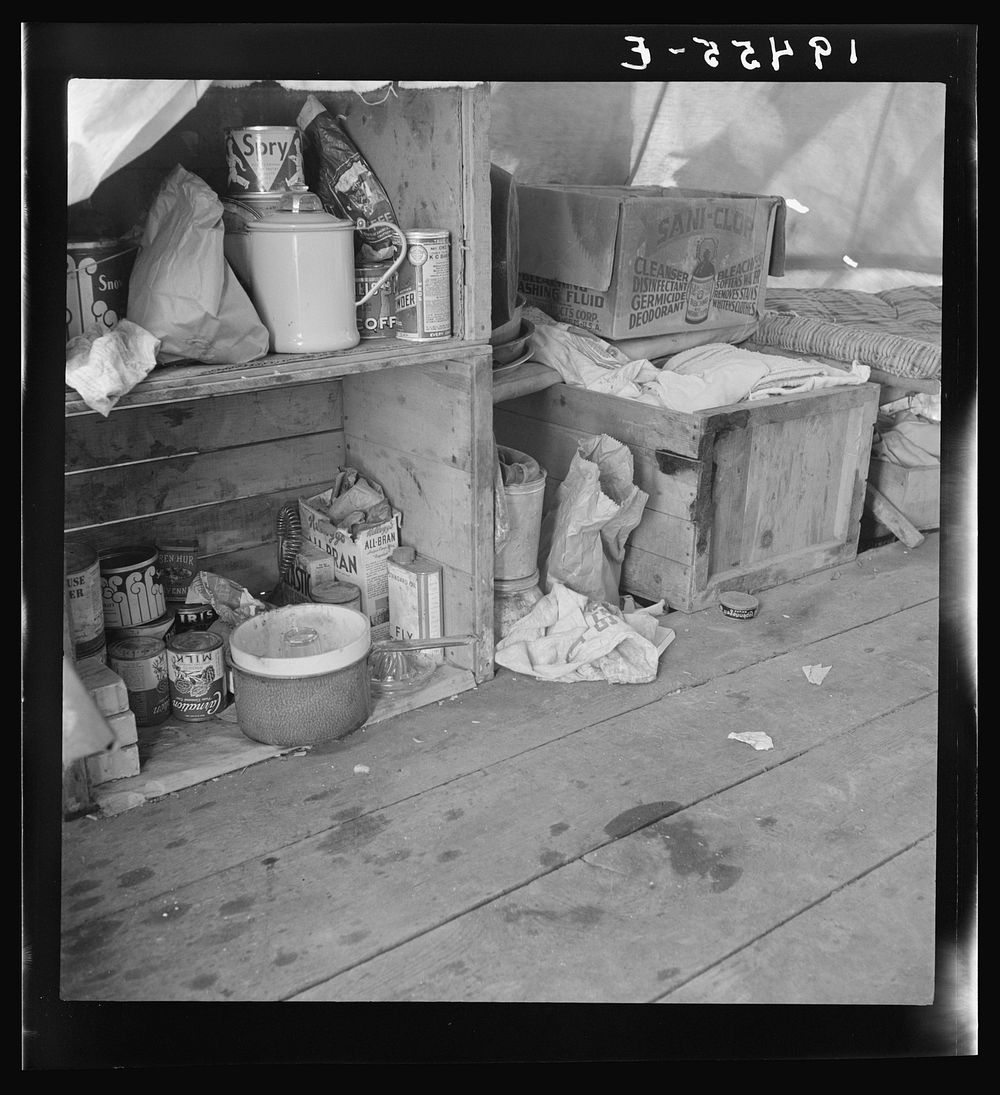 [Untitled photo, possibly related to: Tent interior in a pea pickers' camp. Food supply and household equipment. Santa Clara…
