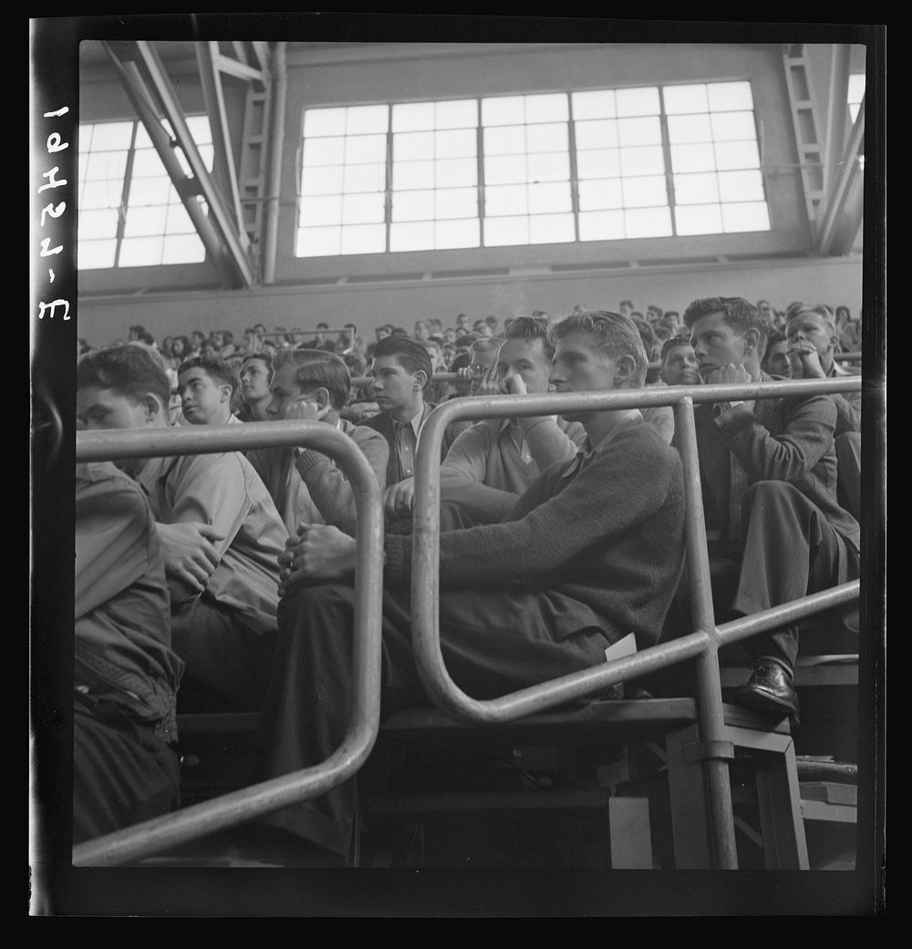 Student audience listening to Peace Day address of General Smedley Butler. Berkeley, California, University of California.…