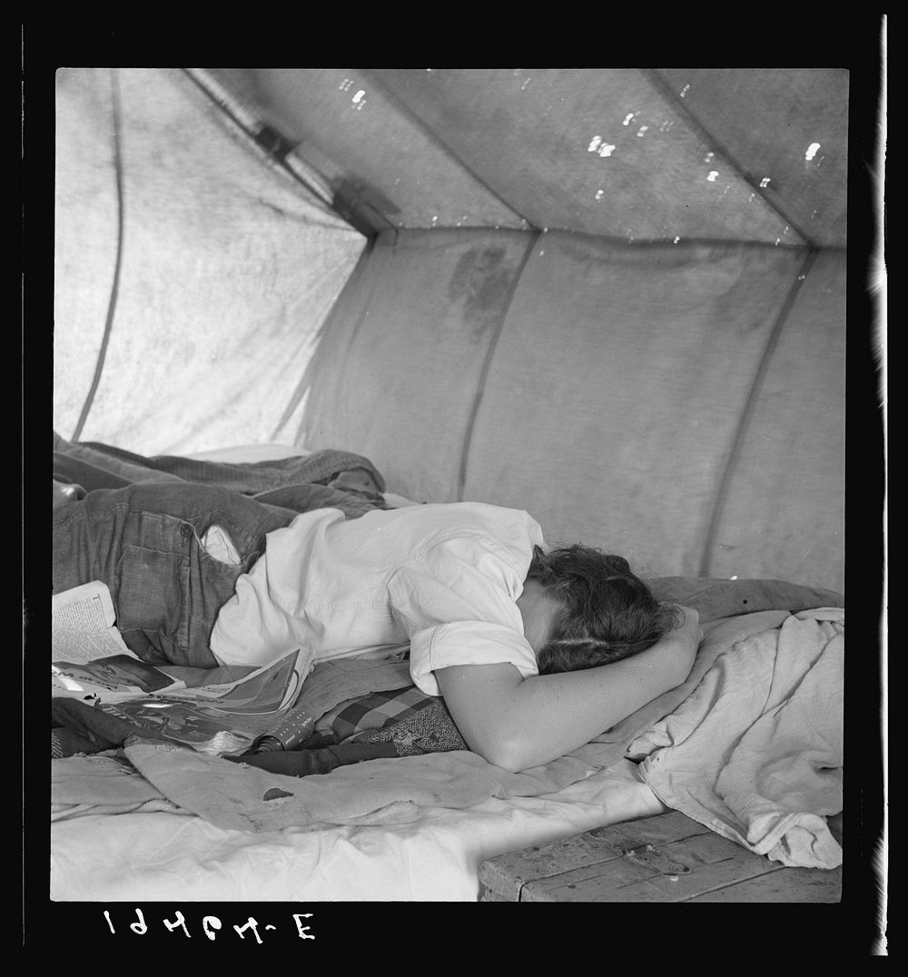 Inside a pea picker's tent in the middle of the morning. No work. Santa Clara County, California. Sourced from the Library…