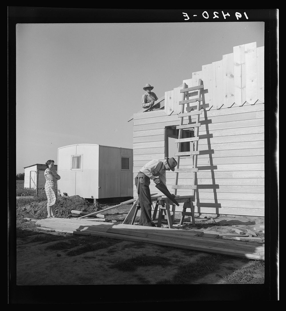 Father and son building house on outskirts of Salinas, California.  Settlement of recently migrated lettuce workers. Sourced…